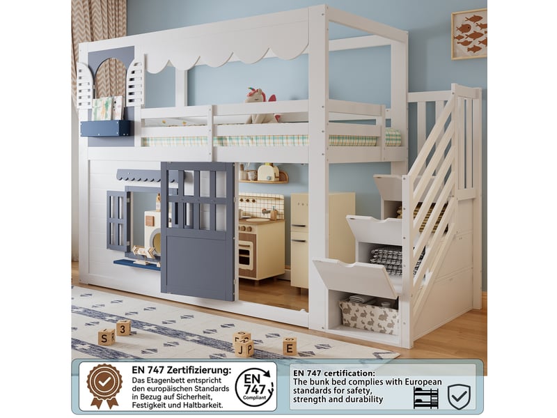  Lit mezzanine enfant avec escalier de rangement, couchage 90x200 cm, design cabane blanc et bleu avec porte et fenêtres ouvrantes  - Conforama R