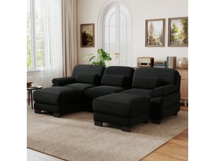 Canapé panoramique modulable 3 places 265 x 161 x 94 cm avec 2 poufs, assise profonde et coussins épais, velours côtelé, noir