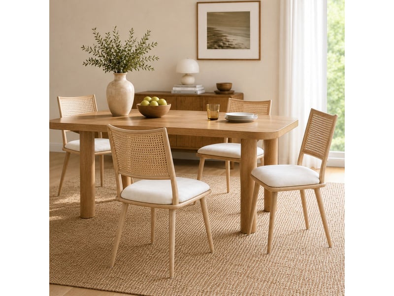  Chaise de salle à manger 4 chaises dossier en rotin chaise repas 4 assise en pu beige  - Conforama B