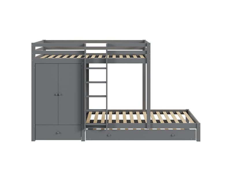  Lit superposé en bois massif avec lit gigogne 90x200, lit enfant avec armoire, tiroirs et étagère, gris  - Conforama A