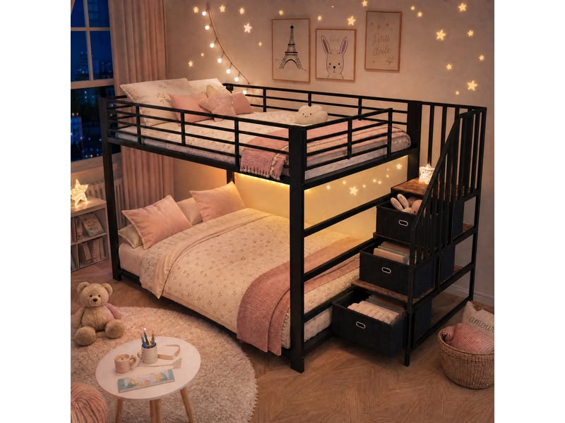  Lit superposé 4 places 140 x 200 cm avec escalier de rangement réversible, led et prises secteurusb, lit en métal noir avec garde-corps  - Conforama C
