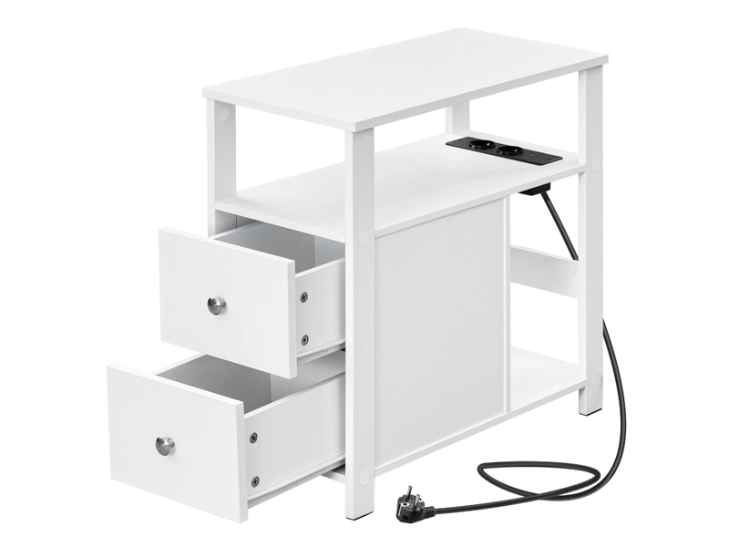  Table d’appoint rectangulaire 60x30x60 cm avec prises et tiroirs en bois blanc  - Conforama A