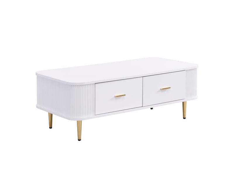  Table basse à tiroirs, angles arrondis, table de salon aux côtés ondulés, poignées et pieds dorés, table d'appoint  - Conforama D