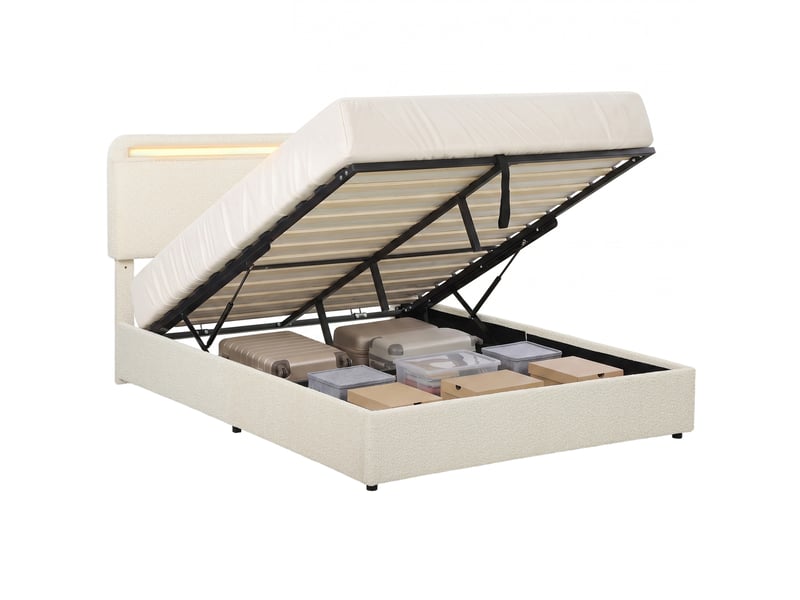  Lit coffre 160x200 avec rangement, tête de lit led rgb, lit double rembourré en velours crème  - Conforama A