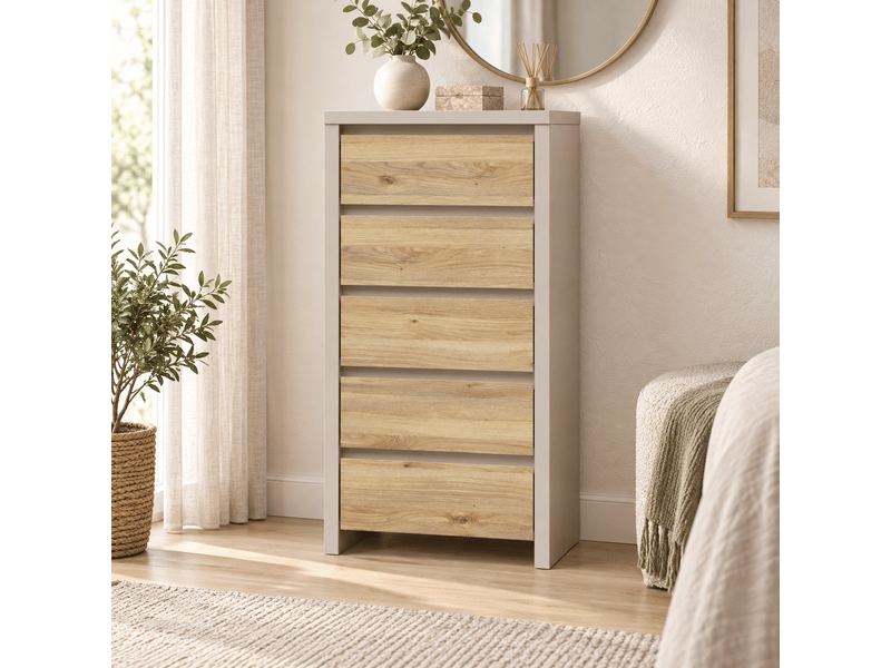  Chiffonnier 5 tiroirs meuble de rangement coloris cachemirechêne mauvella - longueur 56 x profondeur 40,5 x hauteur 112,5 cm  - Conforama E