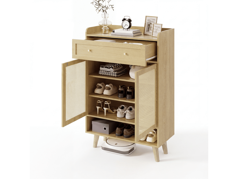  Meuble à chaussures oslo rotin 80x35x105 cm, 2 portes, 4 étagères, tiroir &amp; niche ouverte  - Conforama B