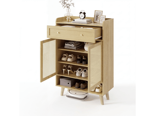 Meuble à chaussures oslo rotin 80x35x105 cm, 2 portes, 4 étagères, tiroir & niche ouverte