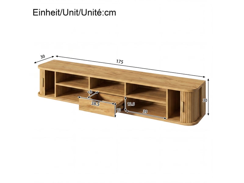  Meuble tv mural 175 cm avec portes coulissantes et éclairage led, finition naturelle  - Conforama E