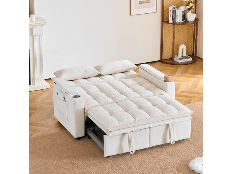  Canapé convertible 2 places 142 cm en chenille, canapé-lit avec fonction lit, rangement, porte-gobelets et coussins inclus - beige  - Conforama E