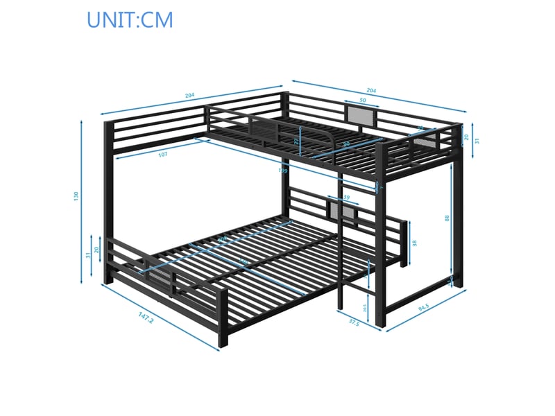 Lit superposé 90x200+140x200 cm gain de place en métal noir  - Conforama E