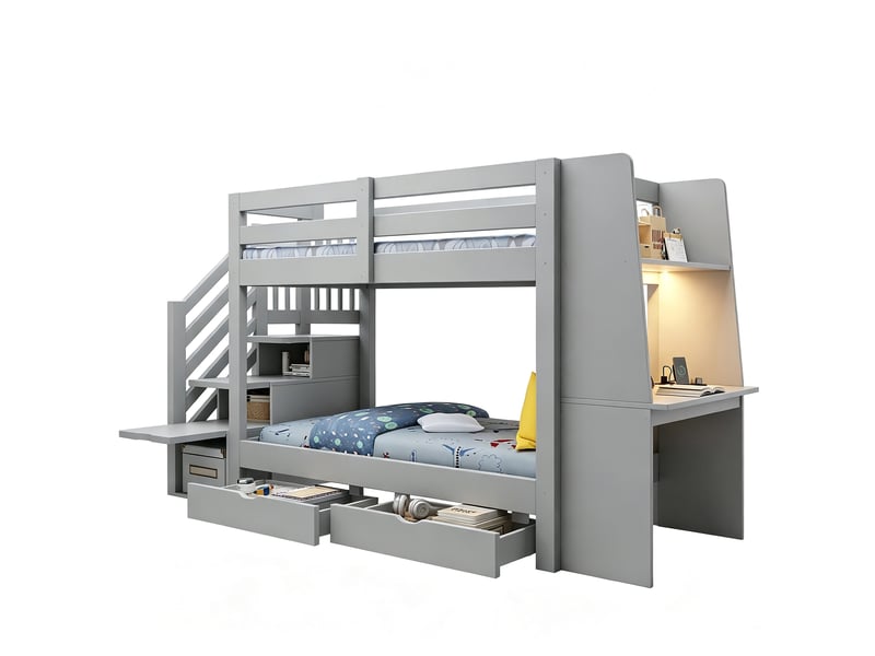  Lit superposé enfant 90x200 cm gris avec escalier de rangement, bureau et tiroirs  - Conforama A