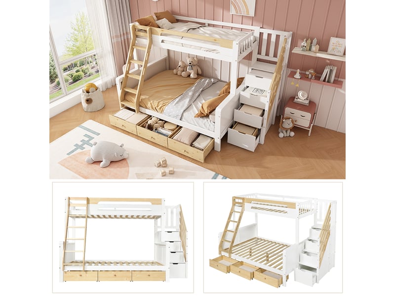  Lit superposé familial 90 x 200 140 x 200 cm en bois, escalier de rangement, échelle, 3 tiroirs, blanc et bois naturel evarich - Conforama D