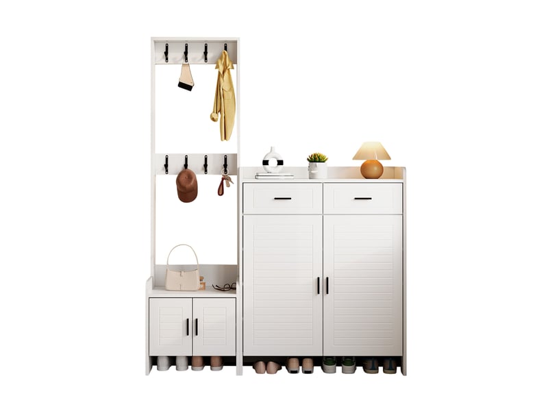  Meuble d’entrée avec rangement chaussures blanc, vestiaire 8 crochets, 2 portes et 2 tiroirs pour couloir, 125 x 32 x 165 cm  - Conforama A
