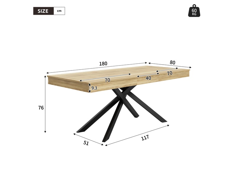  Table à manger extensible 140-180 x 80 cm, mdf, pieds métal, coloris chêne, 6-8 places  - Conforama C