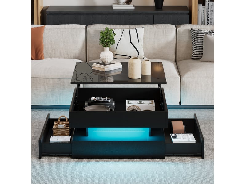 Table basse carrée 65x65 cm à plateau relevable, 2 tiroirs et led, noire - Conforama D