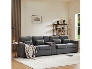 Canapé droit 4 places gris foncé en tissu avec console, usb, 2 porte-gobelets et rangements intégrés pour le salon