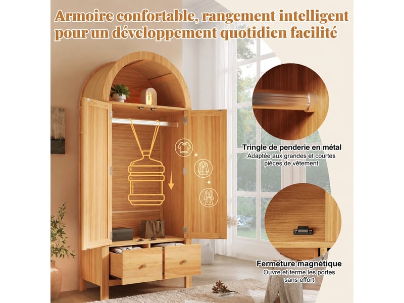 Armoire penderie avec cannage en rotin, effet chêne, 2 tiroirs, 78 x 45 x 181 cm - Conforama D