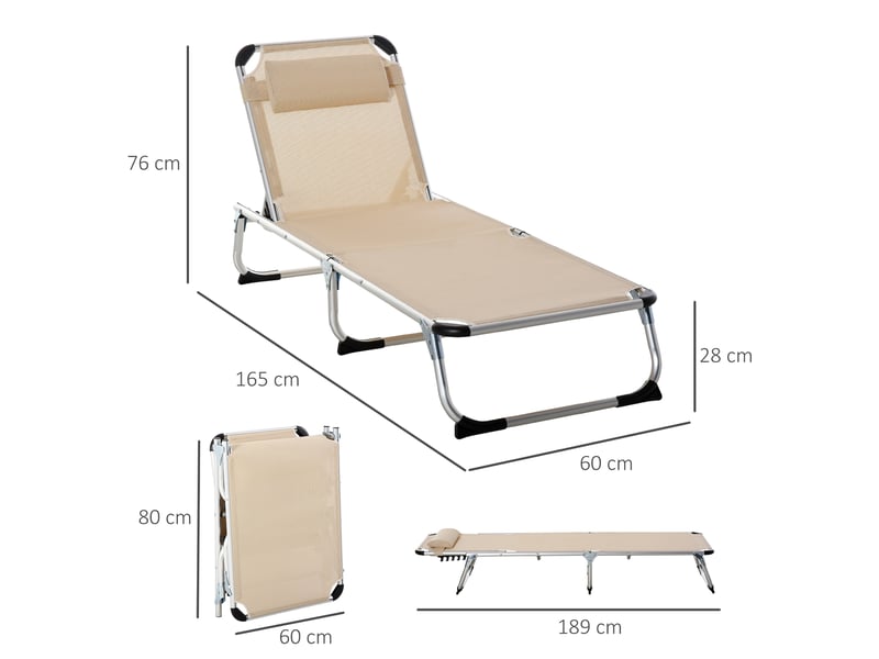  Chaise longue pliante en aluminium avec appui-tête et dossier réglables, 60 x 165 x 76 cm, beige  - Conforama D