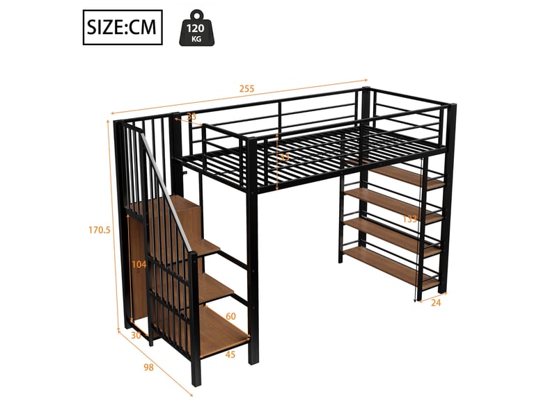  Lit mezzanine 90x200 cm avec escalier, rangements et penderie, noir et blanc  - Conforama C