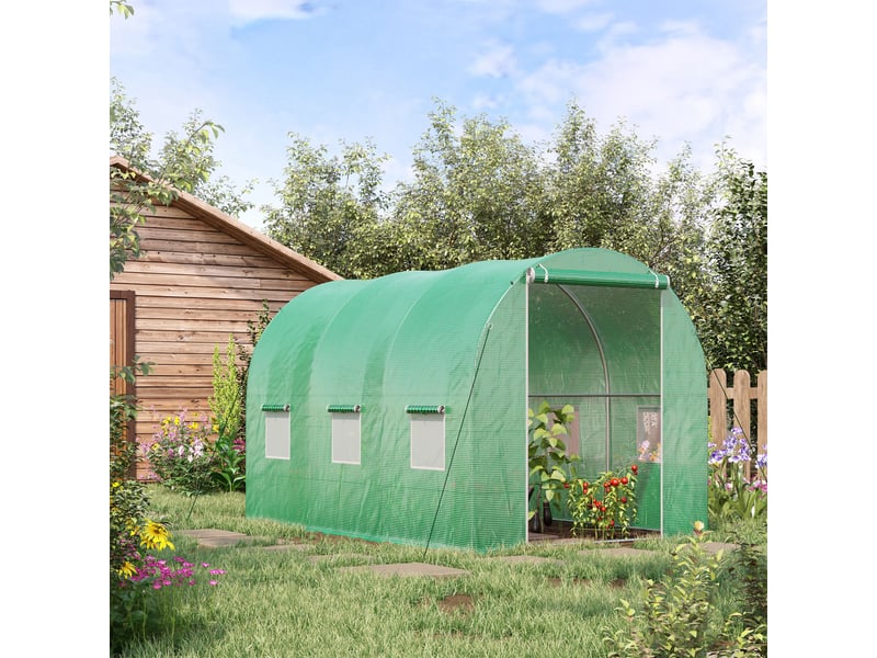 Serre de jardin tunnel surface sol 6 m² 3l x 2l x 2h m acier porte zippée 6 fenêtres enroulables vert - Conforama C