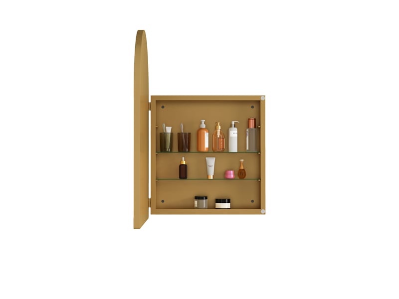 Armoire miroir murale arquée dorée, cadre métal, étagères réglables, encastrable - Conforama E