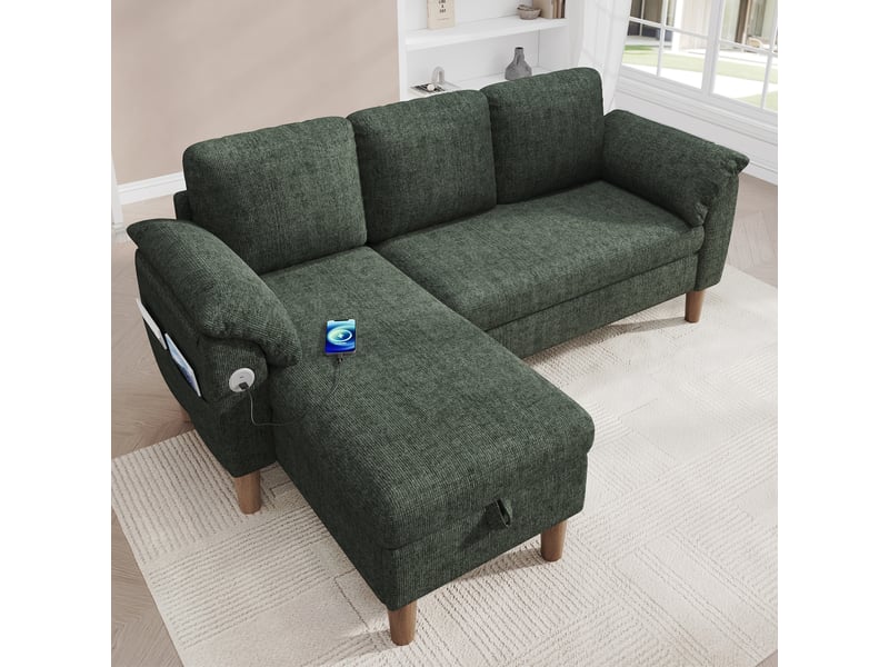  Canapé d'angle réversible 3 places 181 x 125 cm vert chenille, rangement, usb type-c et poches latérales  - Conforama B