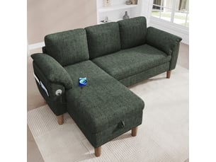 Canapé d'angle réversible fixe <strong>DESVIAE</strong> <strong></strong> 3 places Polyester vert avec coffre de rangement