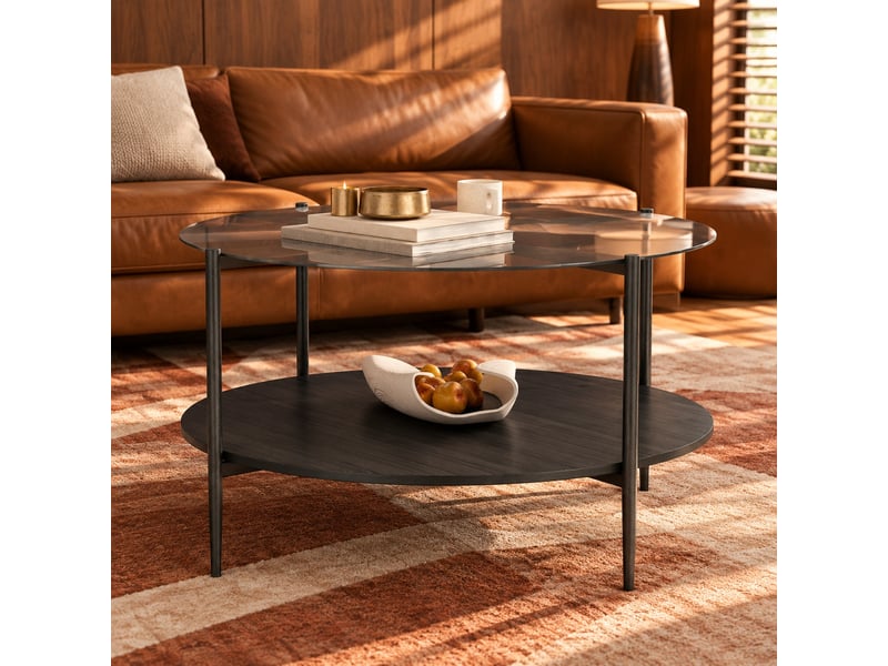  Table basse à deux niveaux en verre trempé noir et bois noir  - Conforama B