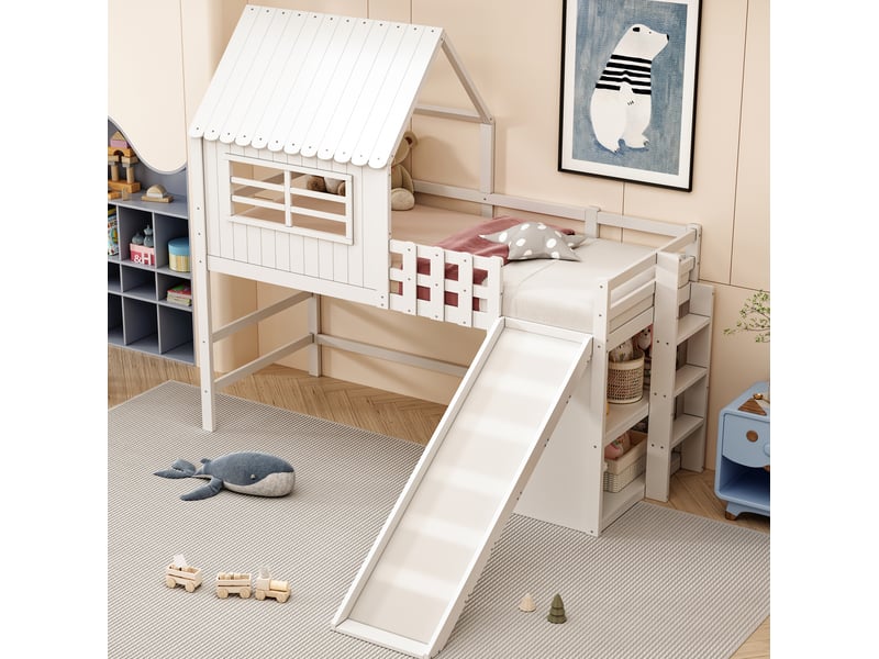 Lit mezzanine enfant 90x200 cm avec toboggan, échelle et rangements blanc - Conforama E