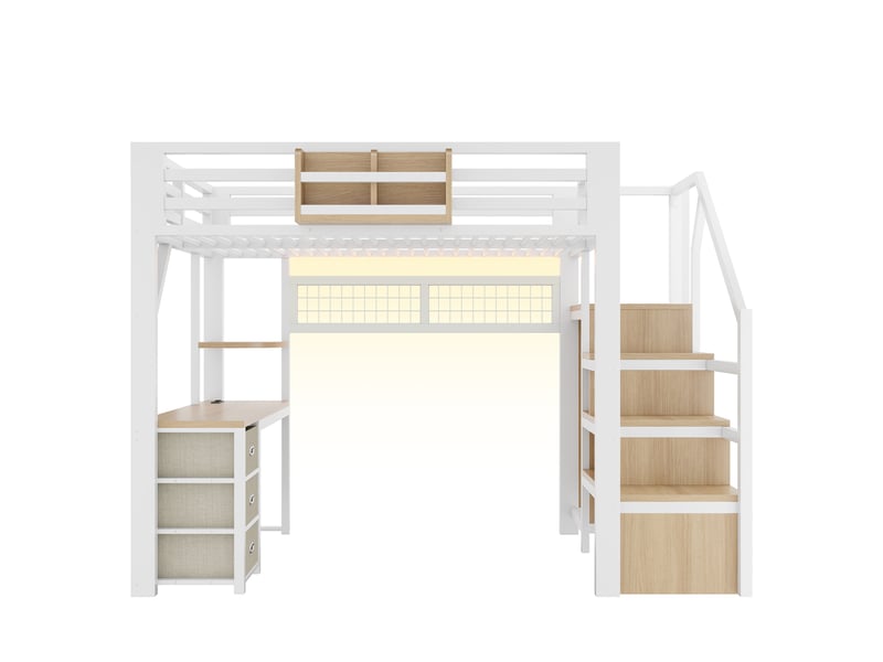 Lit mezzanine enfant 140x200 cm, bureau intégré avec station de charge, armoire, 3 tiroirs, étagère, panneau perforé, led, métal blanc Radiant Stride - Conforama E
