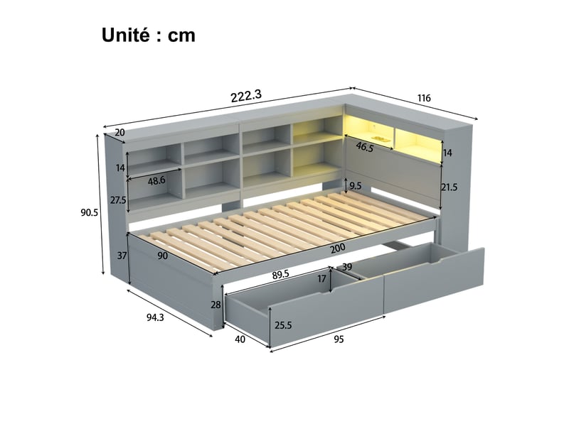  Lit banquette 1 place avec rangements, tiroirs, prise usb et éclairage led à couleurs variables, bois gris  - Conforama D