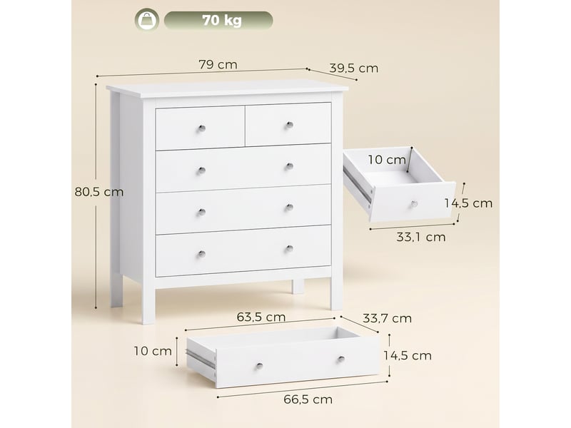  Commode à 5 tiroirs, meuble de rangement, avec poignées, glissières métalliques,  en bois, 79l x 39,5p x 80,5h cm, blanc  - Conforama C