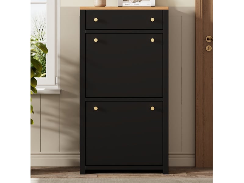  Meuble à chaussures 50x25x95 cm gain de place avec 2 abattants, tiroir, mdf noir et aspect bois  - Conforama B