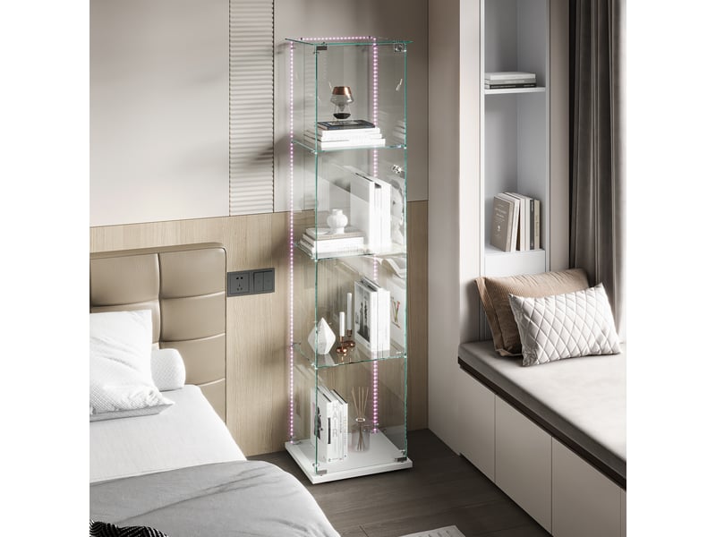  Vitrine en verre 4 niveaux simple porte - 39,8 x 35 x 163 cm - blanc - armoire d'exposition avec ruban led et base blanche  - Conforama C