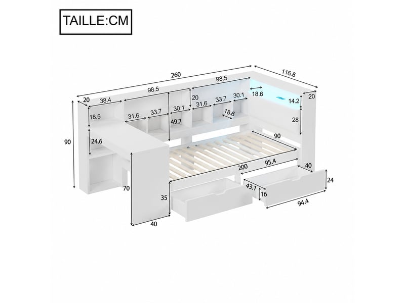  Lit combiné simple en mdf, avec bureau, rangements et led, 200×90 cm, blanc  - Conforama D