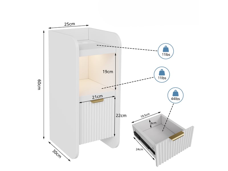  Lot de 2 tables de chevet, 30x25x60 cm, bout de canapé étroit avec led et station de charge usb, meuble de nuit moderne à 1 tiroir motif vague, blanc  - Conforama E