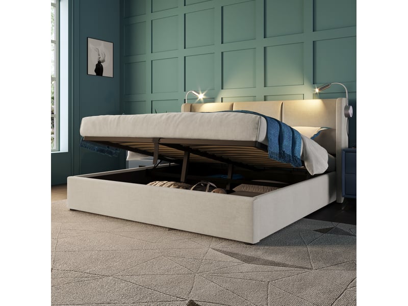  Lit double coffre 140 x 200 cm beige en lin avec liseuses et charge usb  - Conforama D