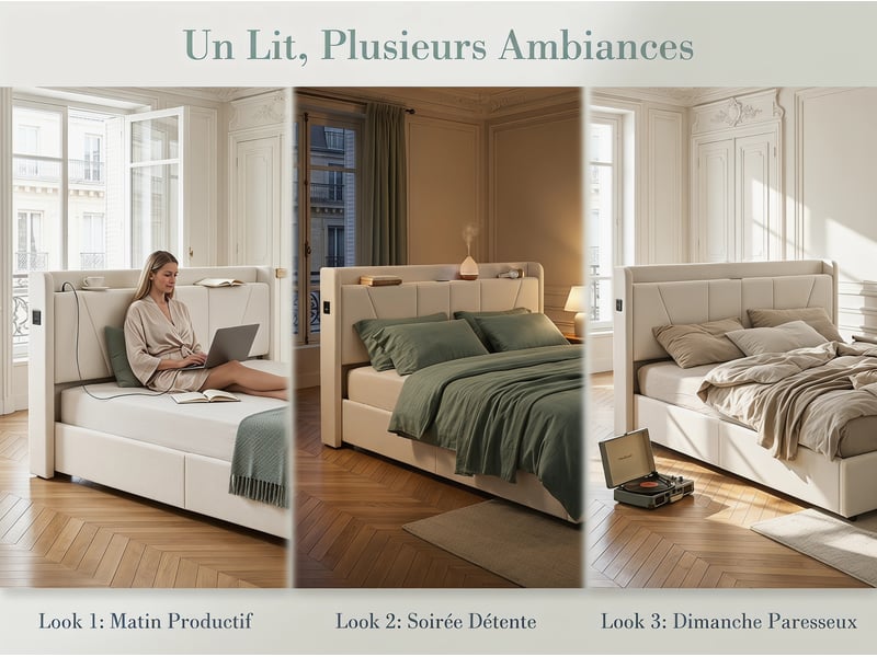  Lit coffre 140x200 cm - ports usb + type-c - tête de lit avec étagère - sommier relevable  - Conforama E