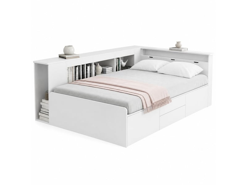  Lit enfant 90 x 200 cm avec rangements, étagères et tiroirs - blanc  - Conforama A
