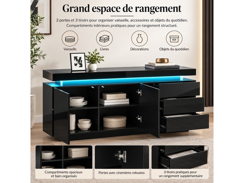 Buffet 140x35x72,5 cm avec led rgb, 2 portes, 3 tiroirs, commande app, haute brillance, noir - Conforama D
