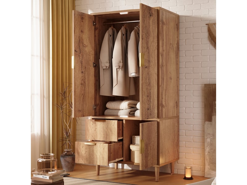 Armoire de chambre 3 portes 80x50x177 cm avec penderie et 2 tiroirs, meuble de rangement et poignées dorées - aspect chêne - Conforama C