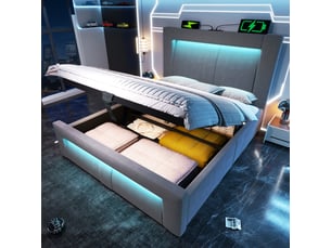 Lit coffre simple 90×200 cm, rangement, led réglable, usb et type-c - okmyhome- matelas inclus, velours gris