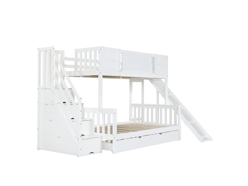  Lit superposé 90x200120x200 cm avec toboggan, lit enfant avec escalier de rangement et tiroir gigogne, bois de pin massif et mdf, blanc  - Conforama D