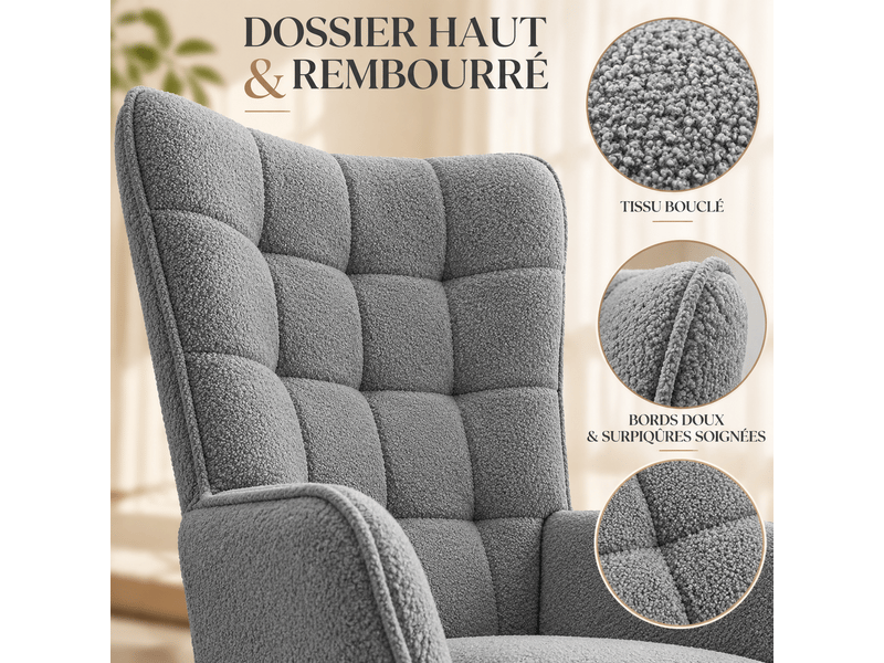  Fauteuil à bascule teddy, fauteuil berçant allaitement haut dossier avec accoudoirs, chaise berçante confortable pour lecture, salon, chambre bébé, adulte  - Conforama D