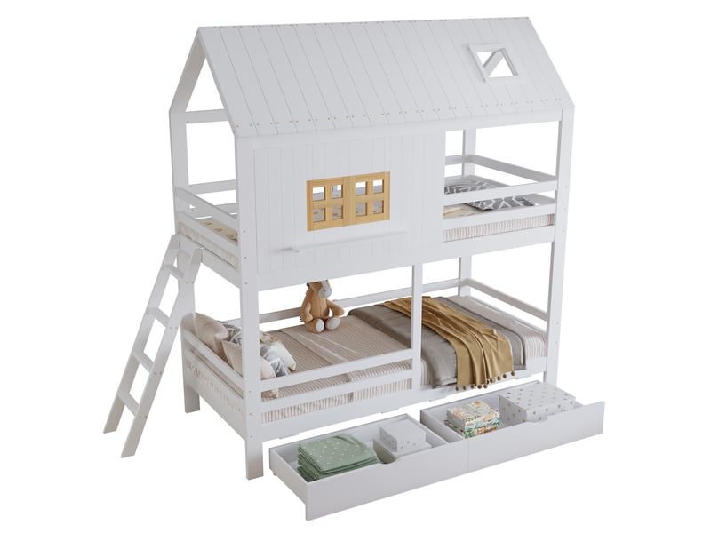  Modenvie lit superposé enfant 90x200 cm - avec toit, fenêtres et 2 tiroirs, sans matelas - blanc  - Conforama A