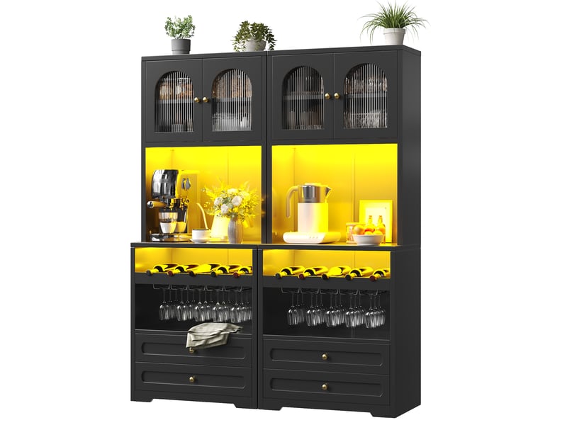  Buffet haut avec 4 portes vitrées, 4 tiroirs, led, range-bouteilles et port usb en mdf noir 140 × 40 × 180 cm  - Conforama A