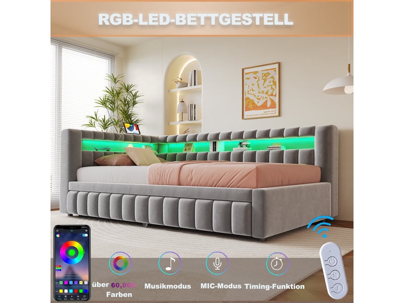  Lit capitonné, lit enfant 90x200 cm, canapé-lit extensible, led, usb, velours gris clair, réf. 422aag  - Conforama R