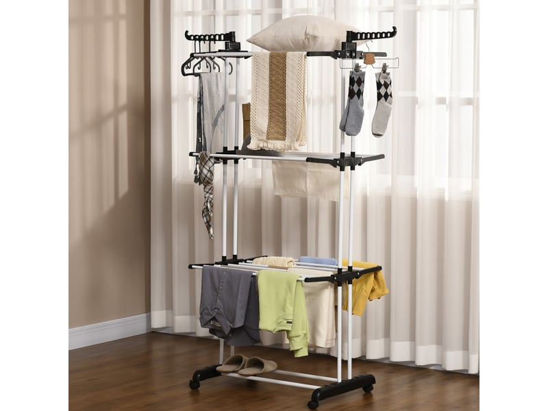 Étendoir à linge tour 4 niveaux 73 x 64 x 177 cm noir, acier thermolaqué et plastique sur roulettes - Conforama B