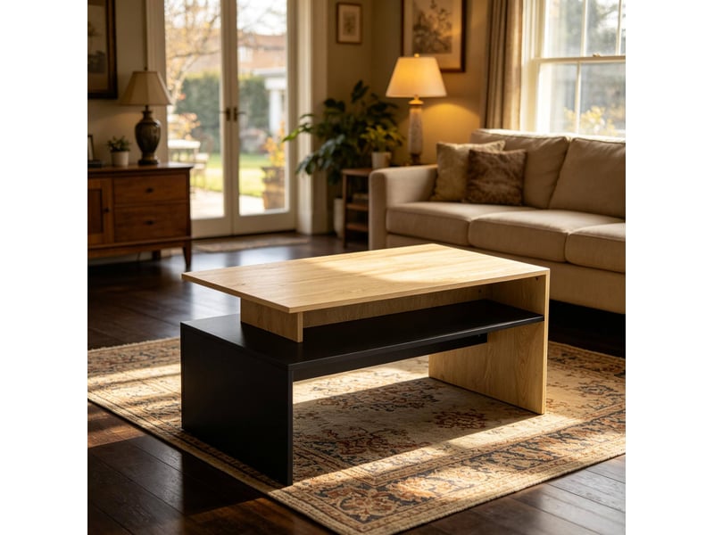  Table basse moderne 95x55x50 cm avec rangement mdf noir et bois naturel  - Conforama C