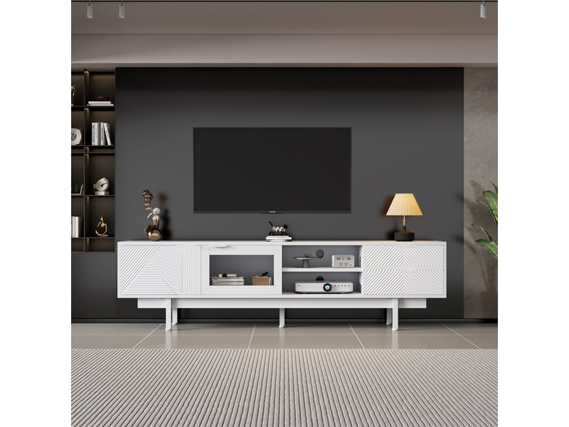  Meuble tv 200 cm blanc moderne pour 80 pouces avec 2 portes et 2 tiroirs  - Conforama D